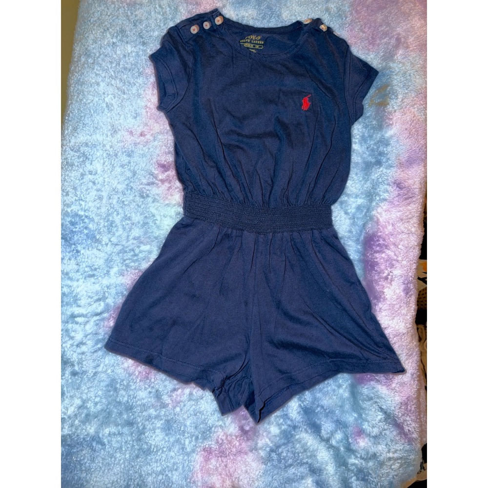 Polo Ralph Lauren Girls Navy Blue Smocked Waist Romper Size S 7 Red Pony Logo